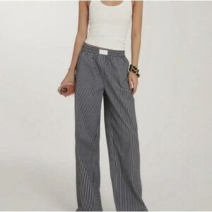 Commense Striped Gray/White Casual Pull-on Elastic Waist Wide Leg Pants Small